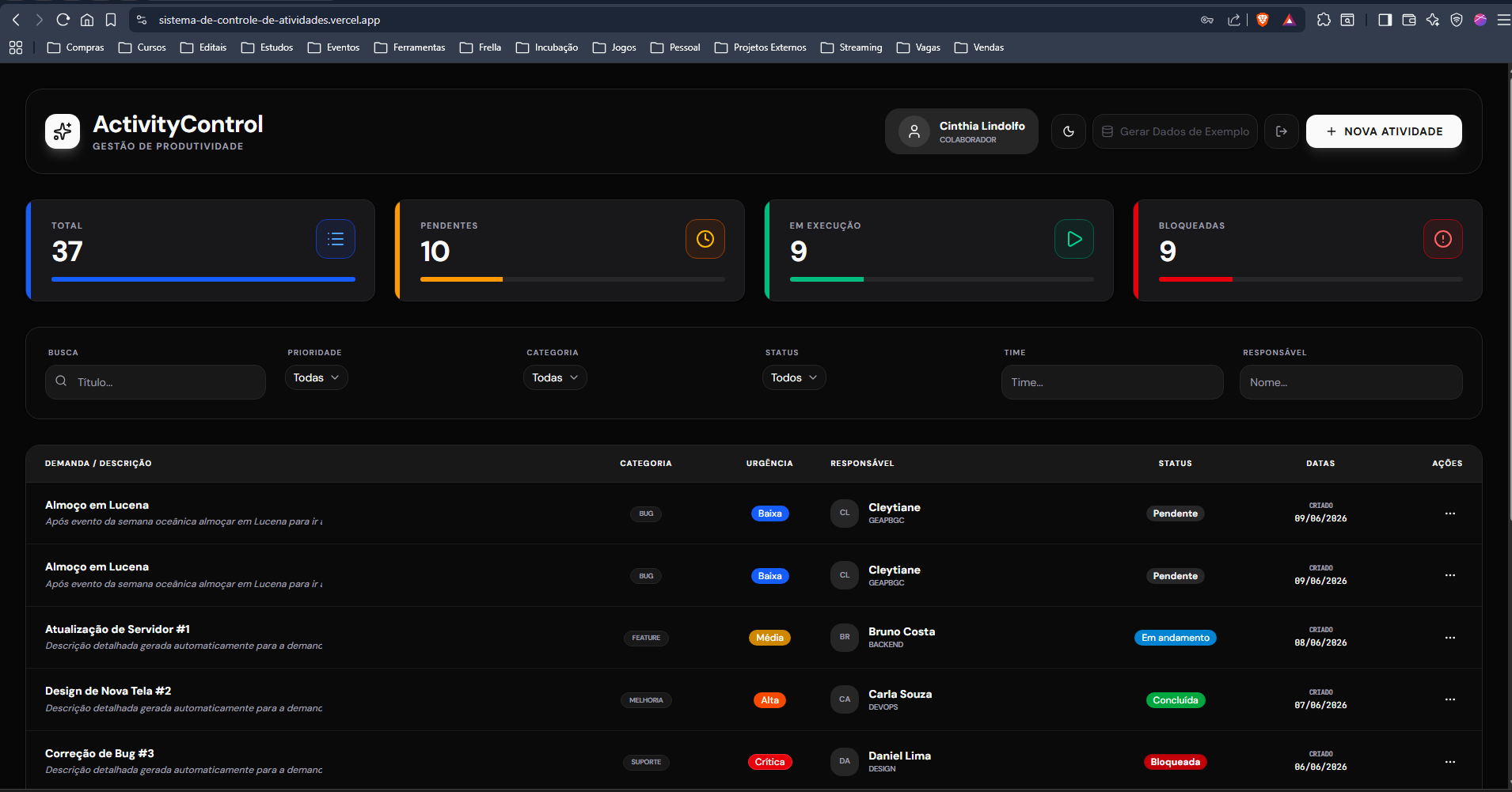 Interface do Sistema de Controle de Atividades